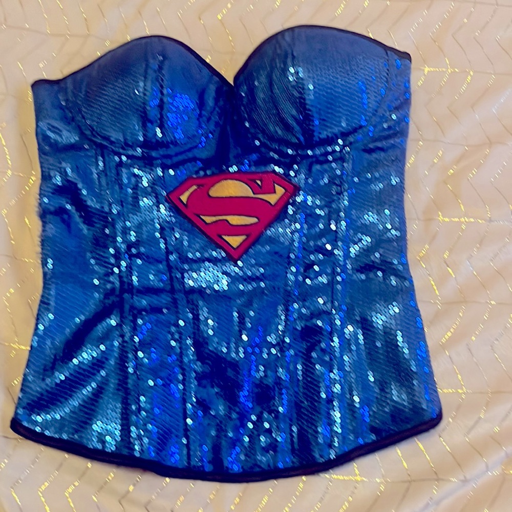 Blue sequined Super Woman Corset. With side zipper